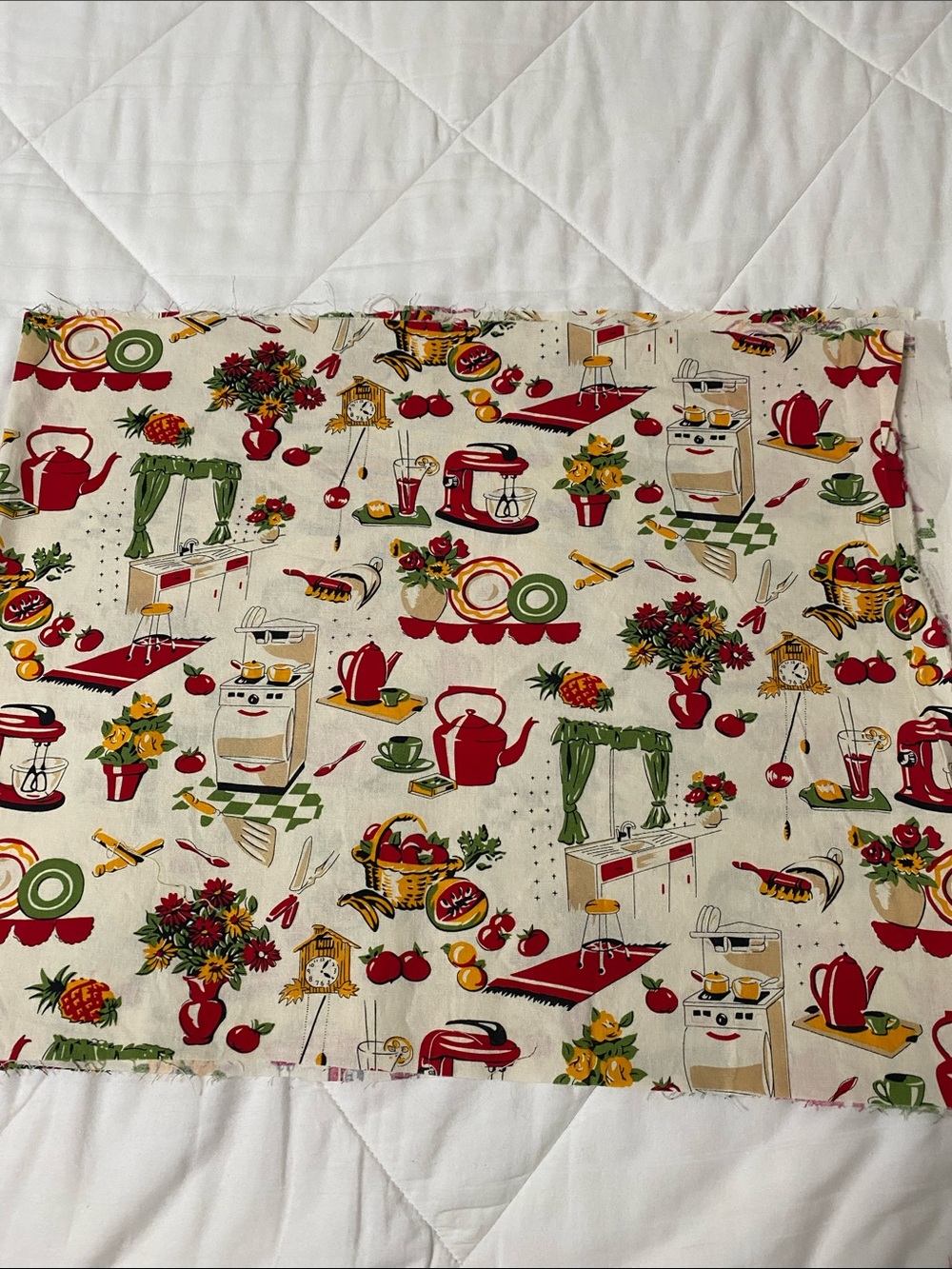 Vintage Kitchen Print Home Art Fabric Panel in Red, Green, Yellow